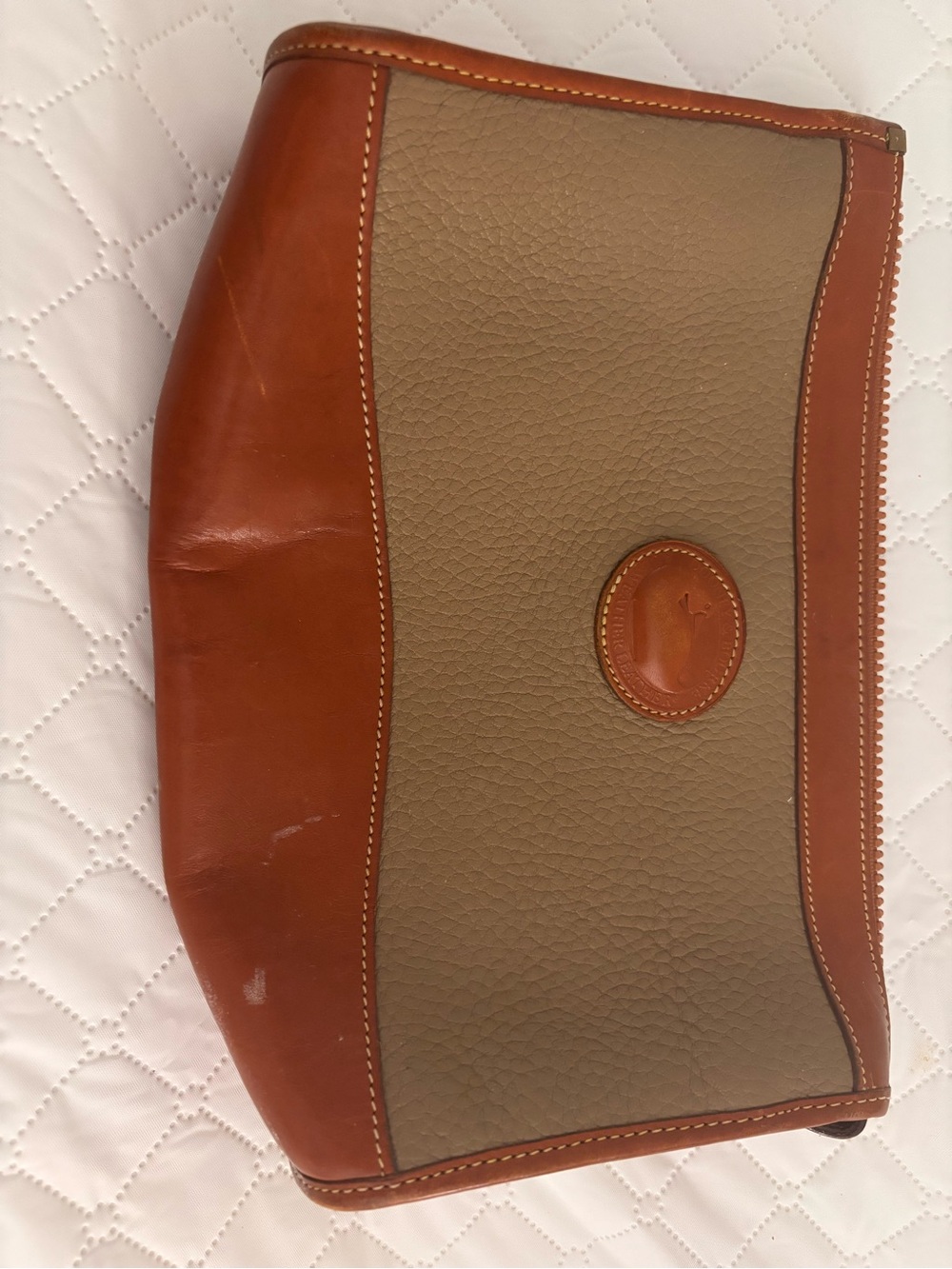 Leather Trim Canvas Clutch in Taupe and Cognac D&B